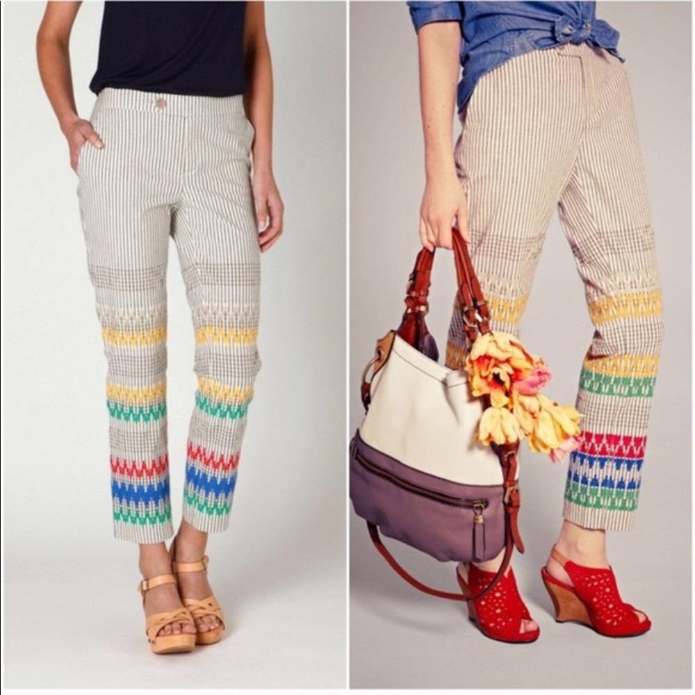 Anthropologie Striped Ankle Pants with Multicolor Embroidered Bands